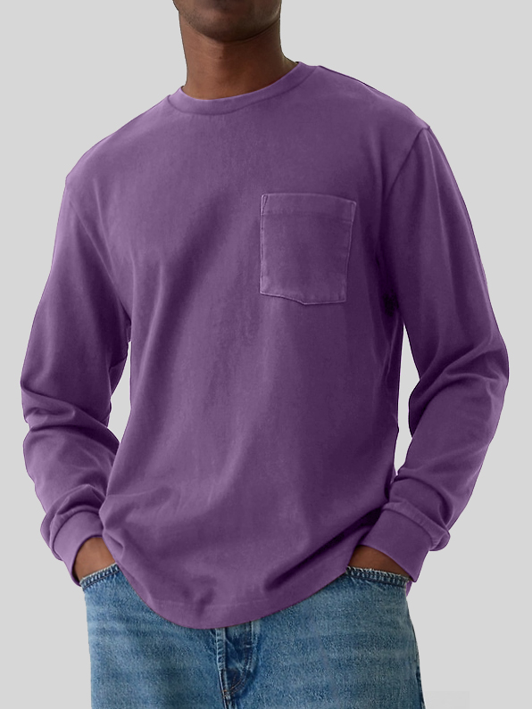 Men's Round Neck Pocket Versatile Long-sleeved T-shirt