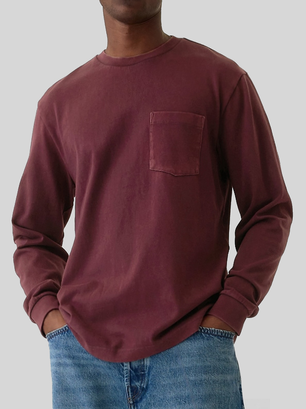 Men's Round Neck Pocket Versatile Long-sleeved T-shirt