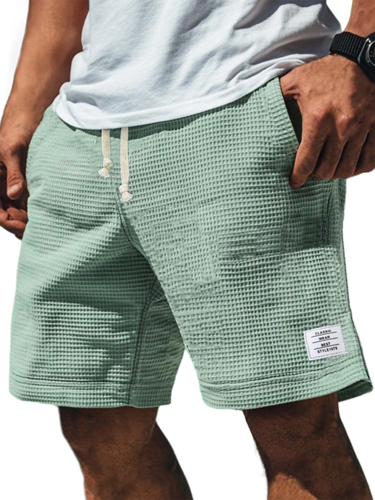 Men's Soft Waffle Simple Embroidered Logo Stylish Lace Up Everyday Casual Shorts