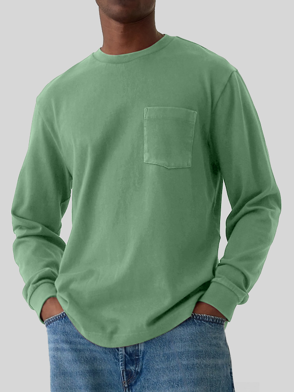 Men's Round Neck Pocket Versatile Long-sleeved T-shirt