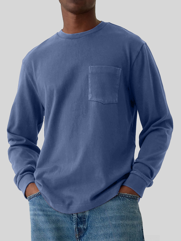 Men's Round Neck Pocket Versatile Long-sleeved T-shirt