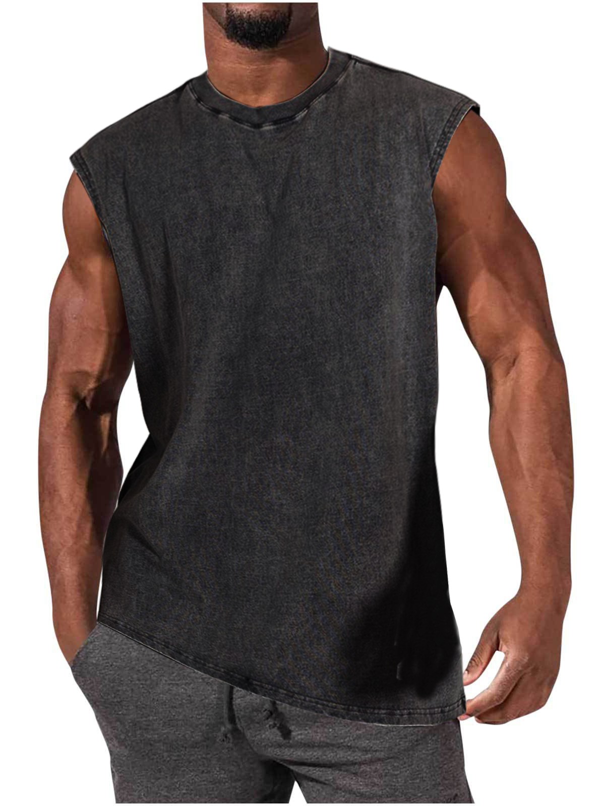 Men's 100% Cotton Washed And Distressed Vintage Round Neck Sleeveless Sports Tank Top