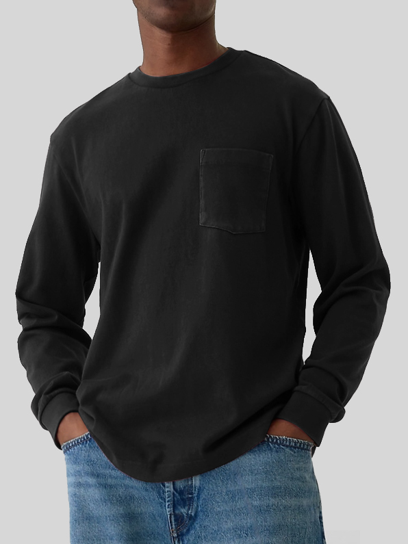 Men's Round Neck Pocket Versatile Long-sleeved T-shirt