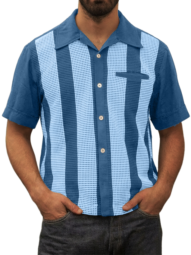 Men's Vintage Waffle-Knit Striped Short-Sleeve Shirt