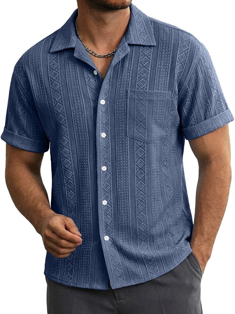 Men's Casual Striped Jacquard Short-Sleeve Shirt