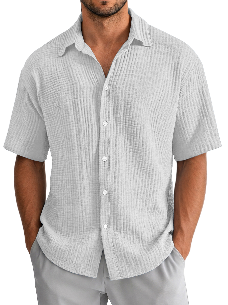 Men's Casual Loose Textured 100% Cotton Short Sleeve Shirt