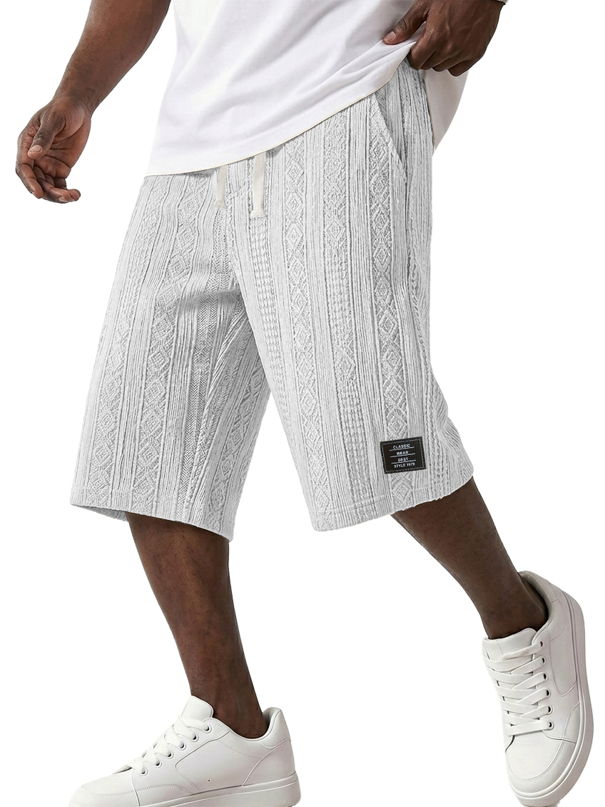 Men's Striped Jacquard Casual Embroidered Logo Elastic Waist Solid Color Shorts
