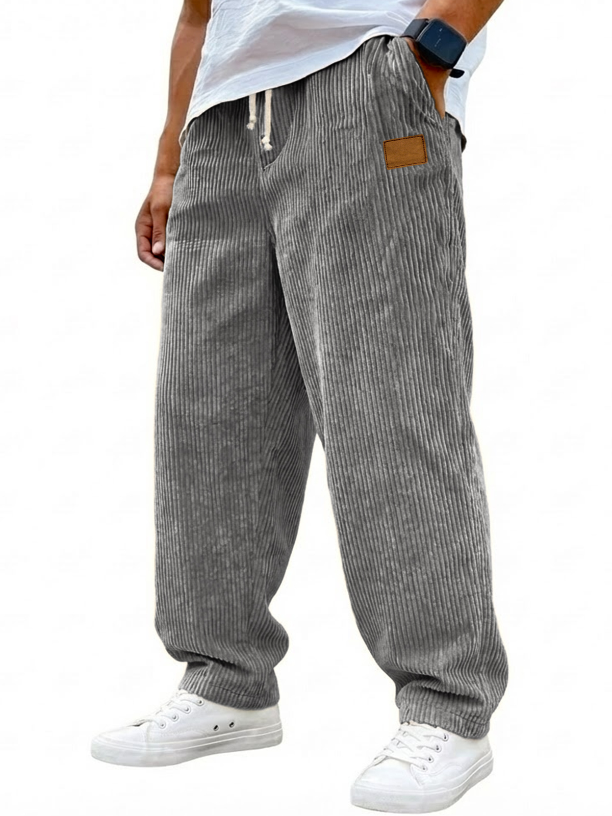 Men's Vintage Corduroy Texture Casual Drawstring Embroidered Label Trousers