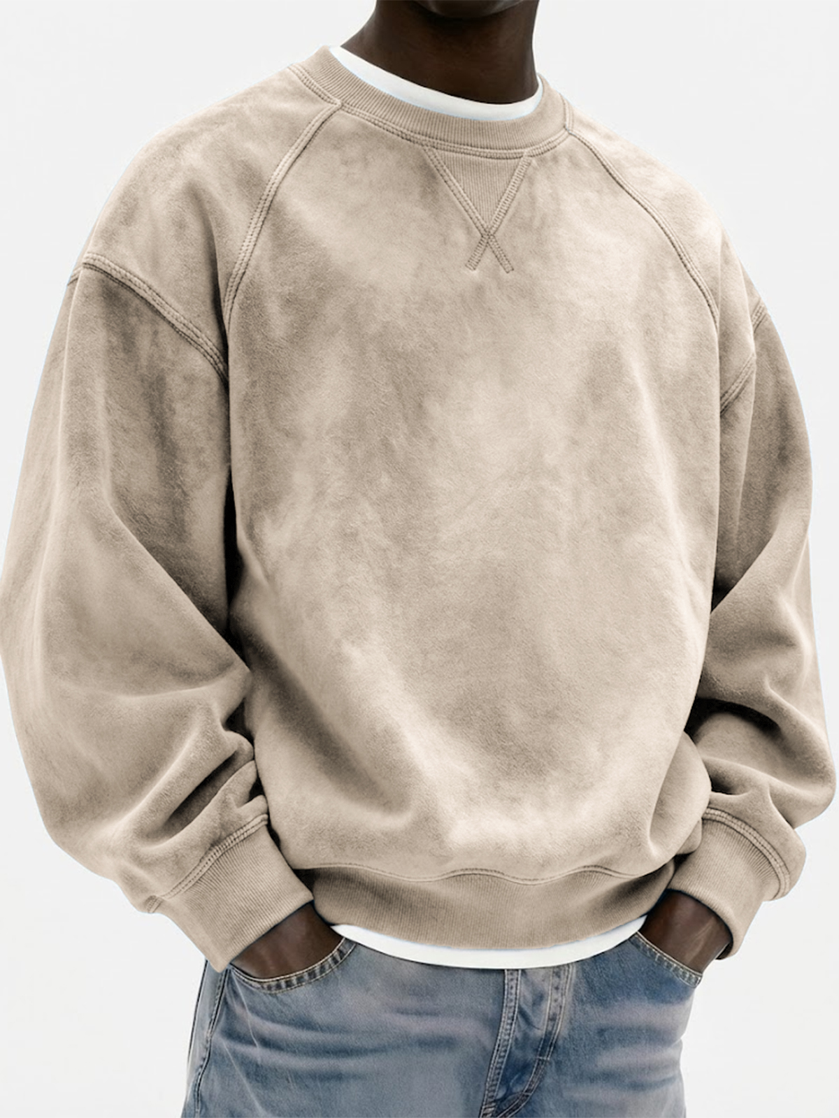 Men's Vintage Suede Heavyweight Raglan Patchwork Pullover Sweatshirt