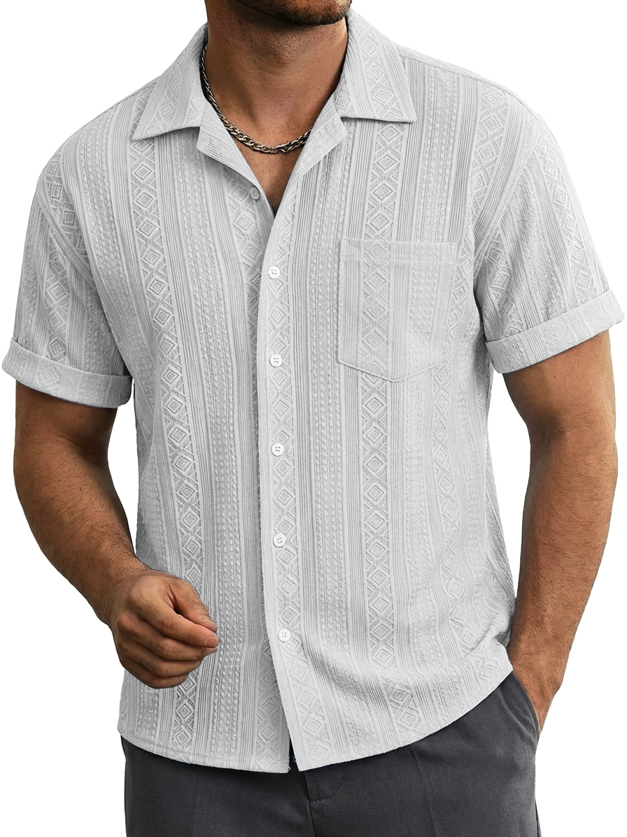Men's Casual Striped Jacquard Short-Sleeve Shirt