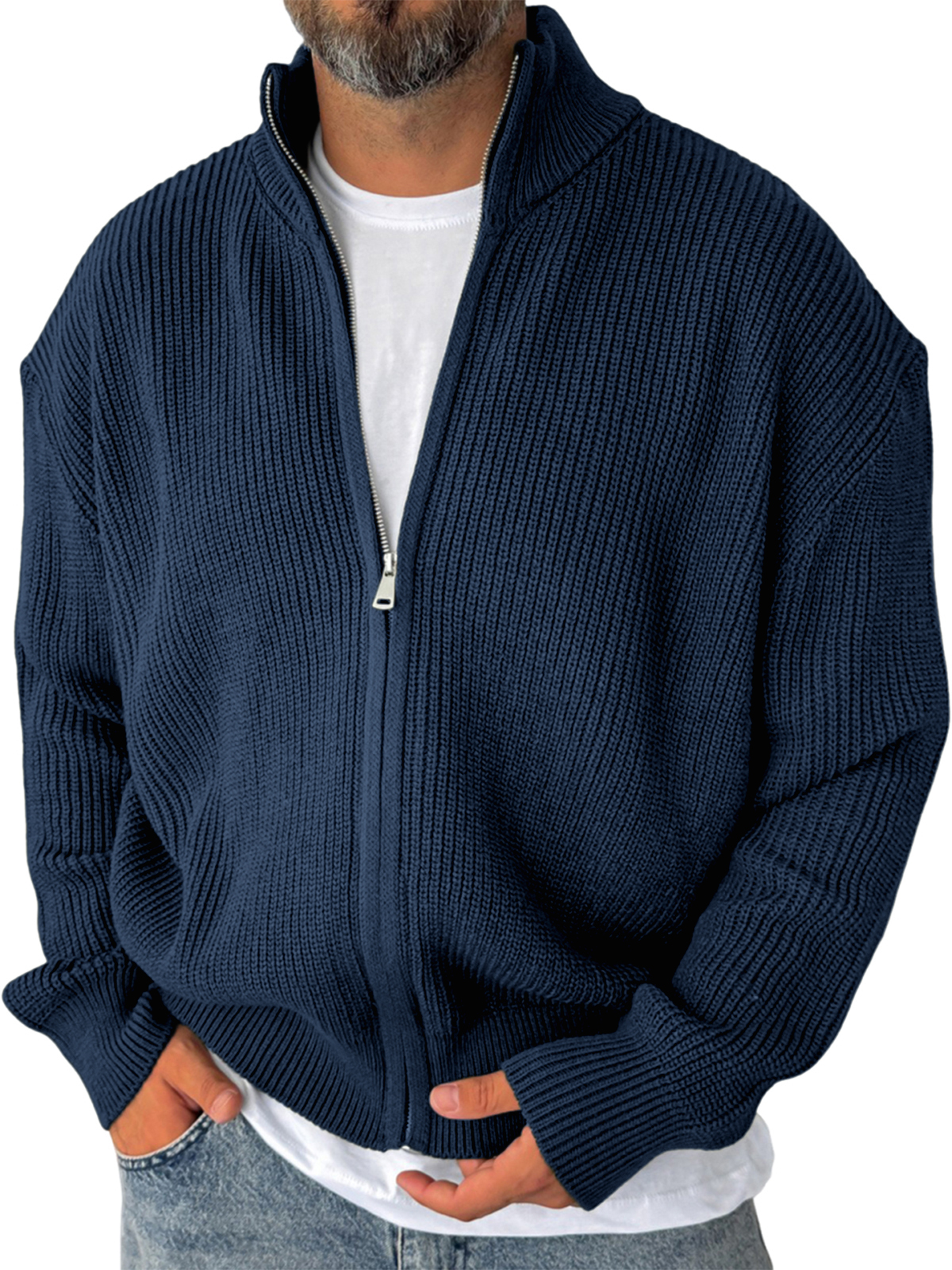 Men's Simple Zipper Warm Sweater Textured Cardigan Jacket