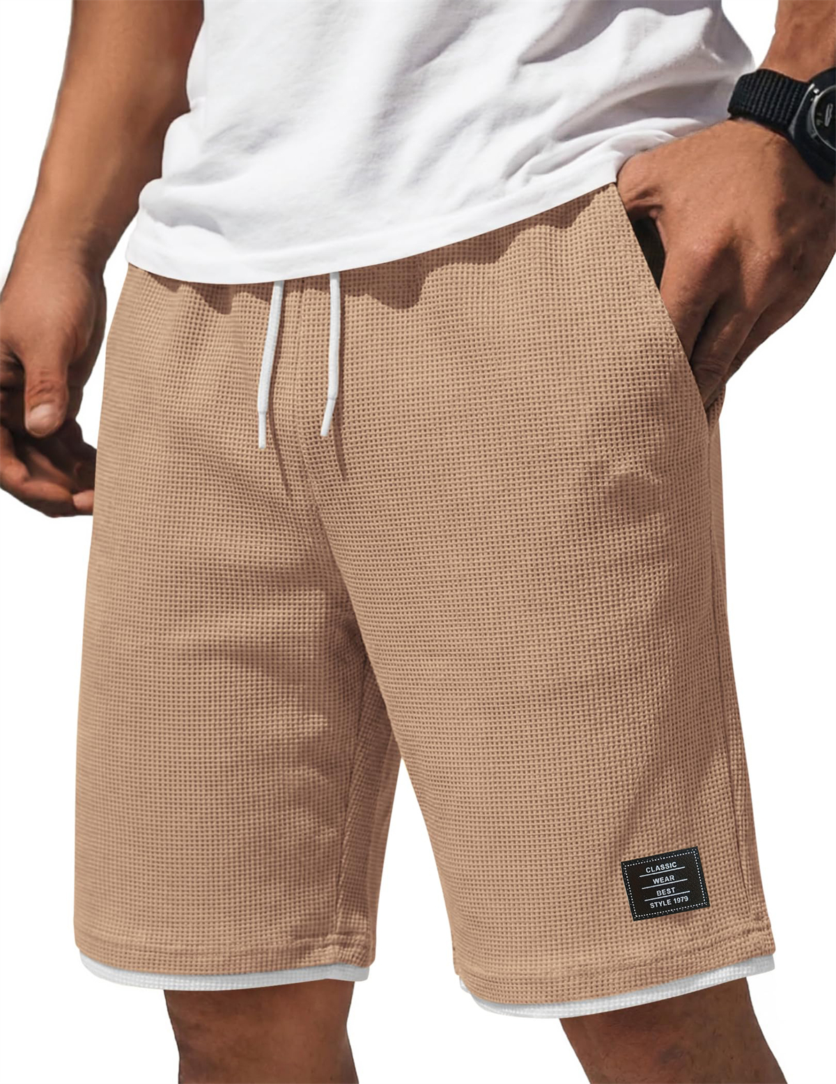 Men's Waffle-Knit Casual Shorts with Contrast Embroidery Logo