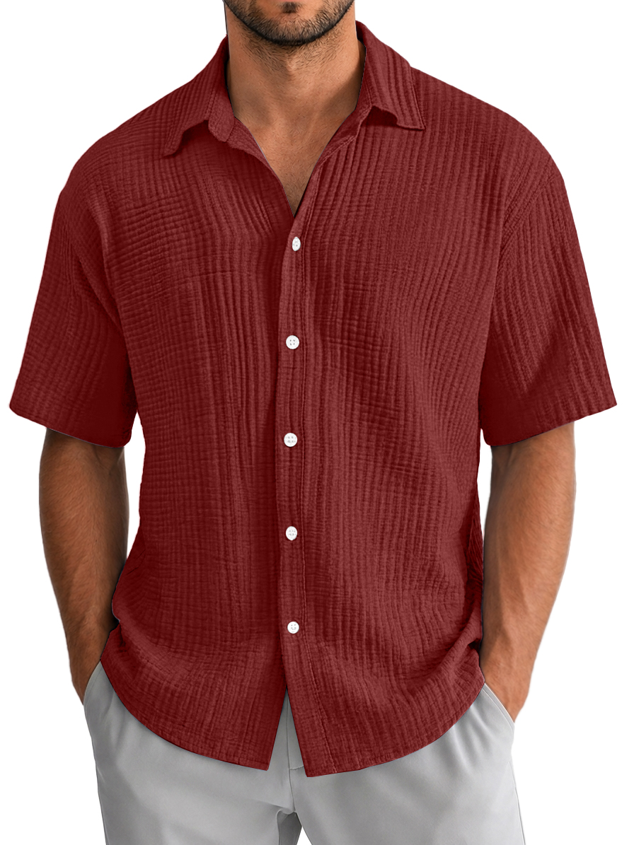 Men's Casual Loose Textured 100% Cotton Short Sleeve Shirt