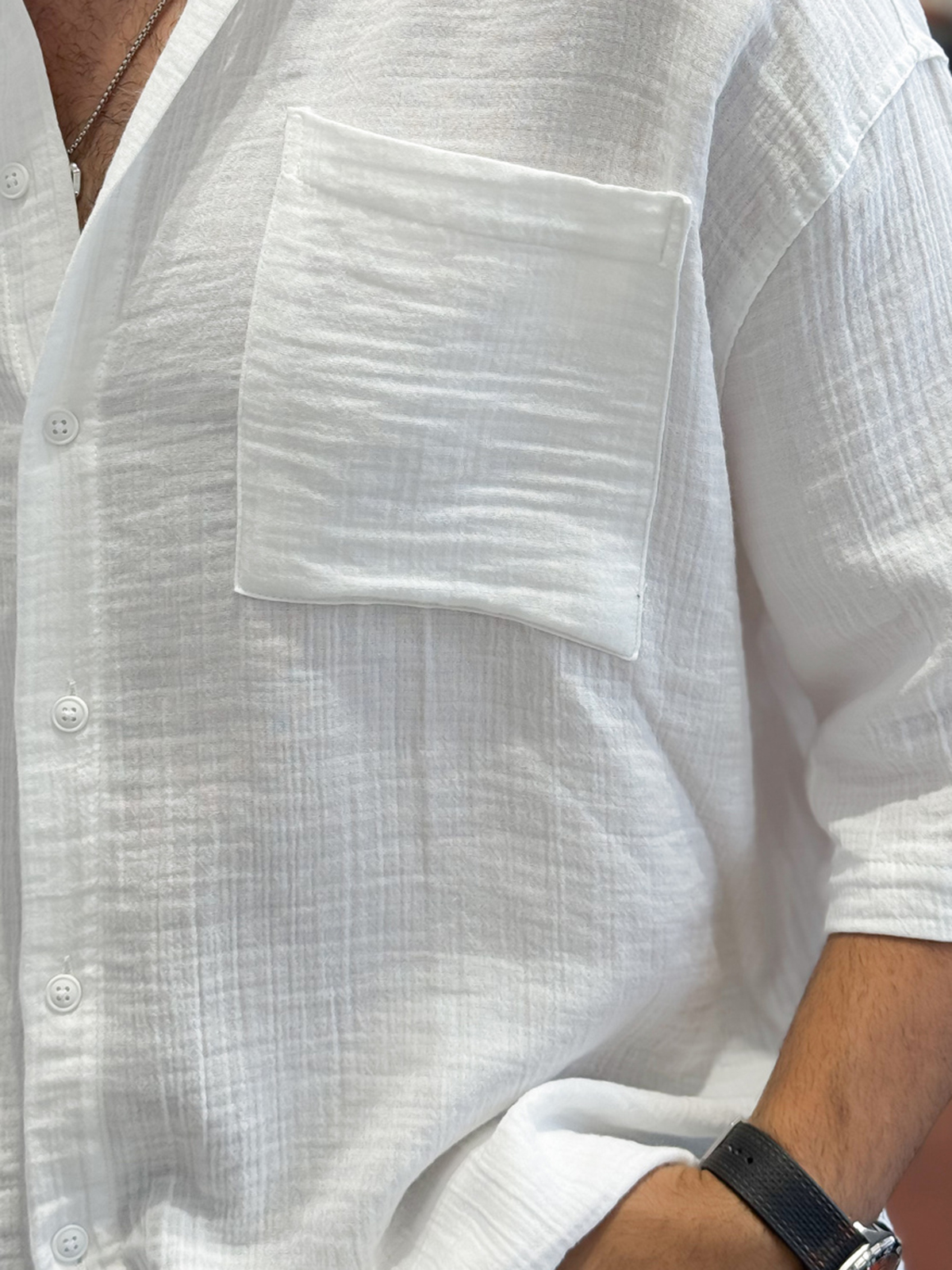 Men's Casual Loose Textured Striped Cool Short-Sleeve Shirt
