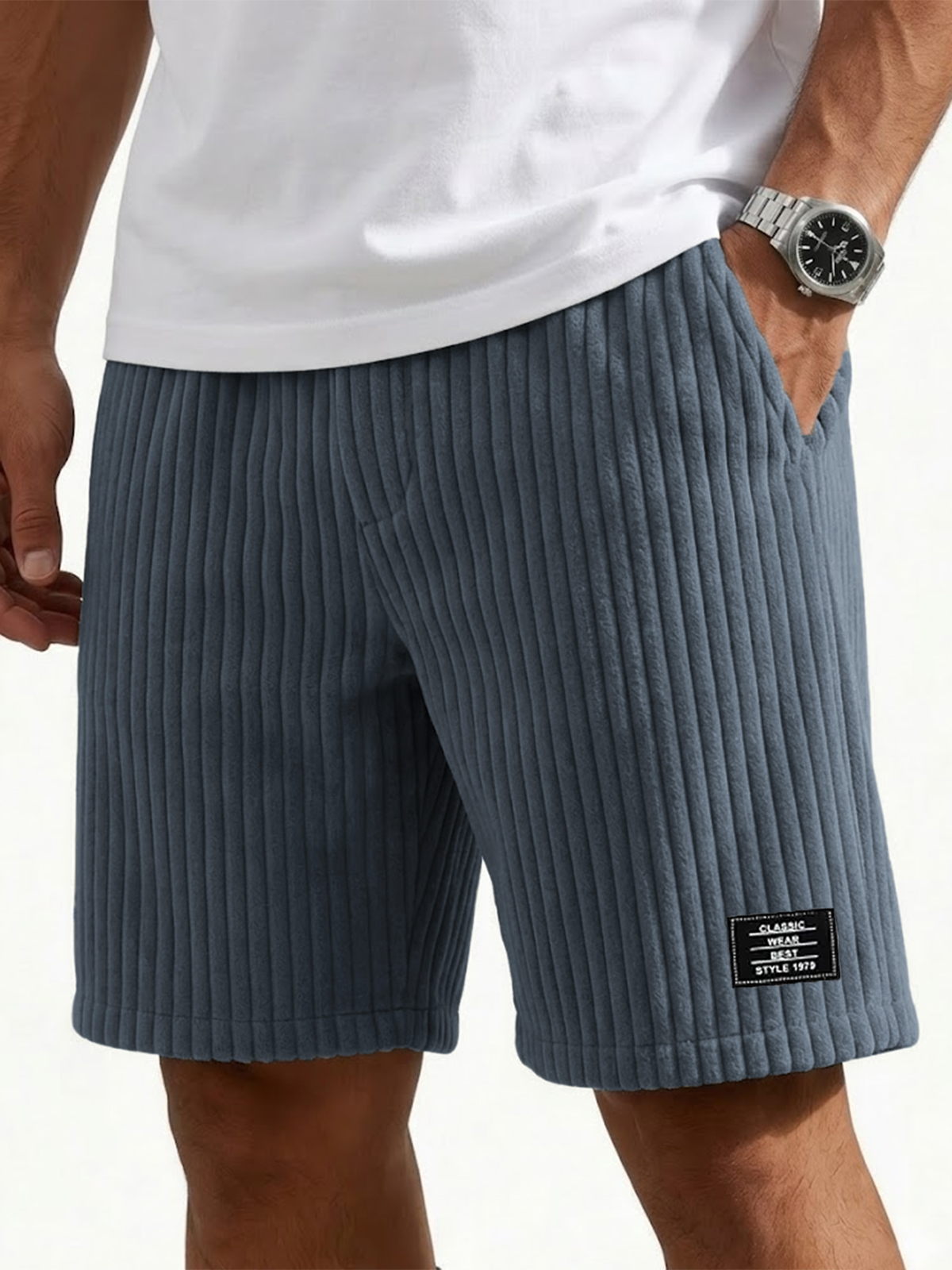 Men's Ribbed Fashion Shorts with Embroidered Design