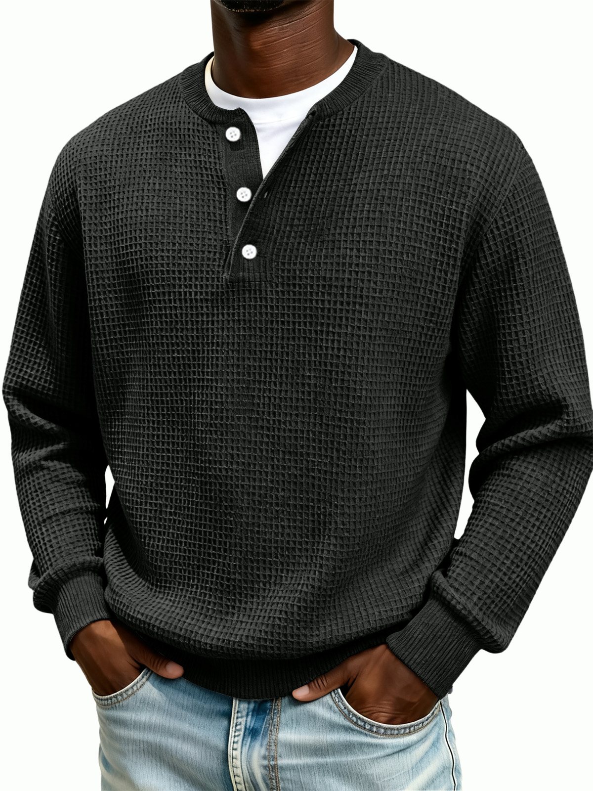 Men's Waffle Knit Henley Collar Long-Sleeve Sweatshirt