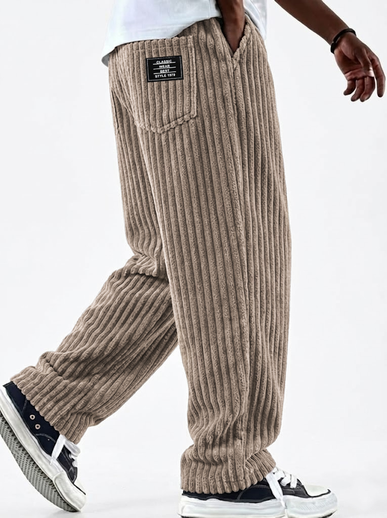 Men's Vintage Corduroy Textured Comfort Wide Striped Pants with Embroidered Minimalist Labels