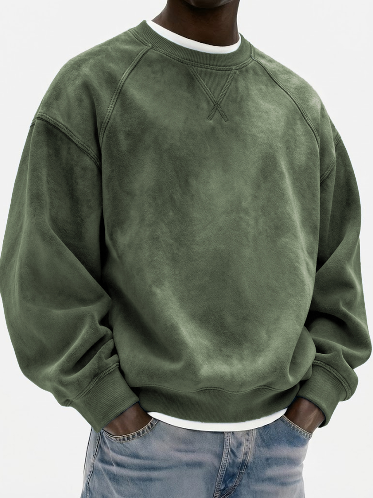 Men's Vintage Suede Heavyweight Raglan Patchwork Pullover Sweatshirt