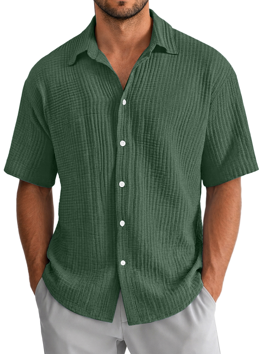 Men's Casual Loose Textured 100% Cotton Short Sleeve Shirt