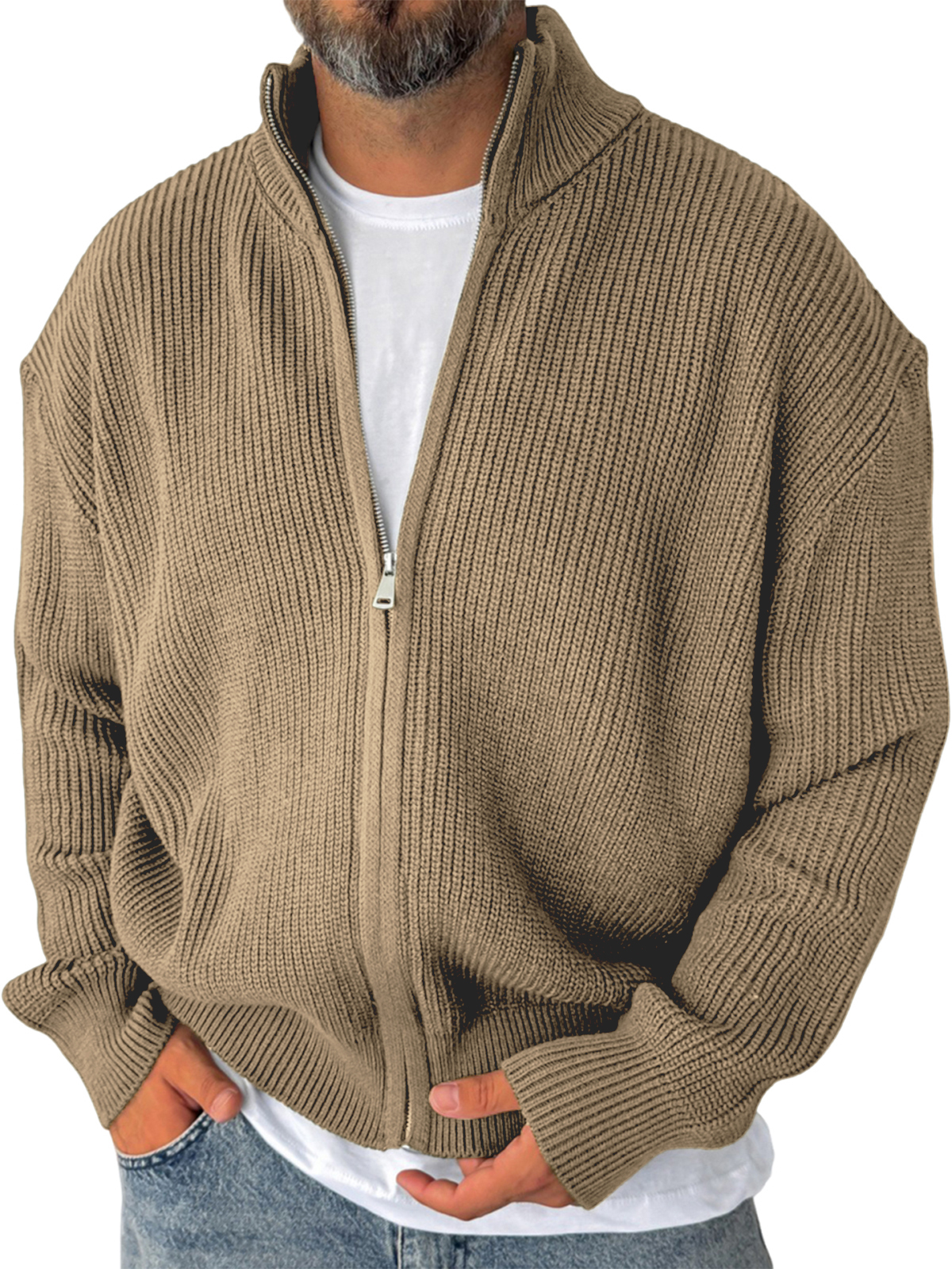 Men's Simple Zipper Warm Sweater Textured Cardigan Jacket