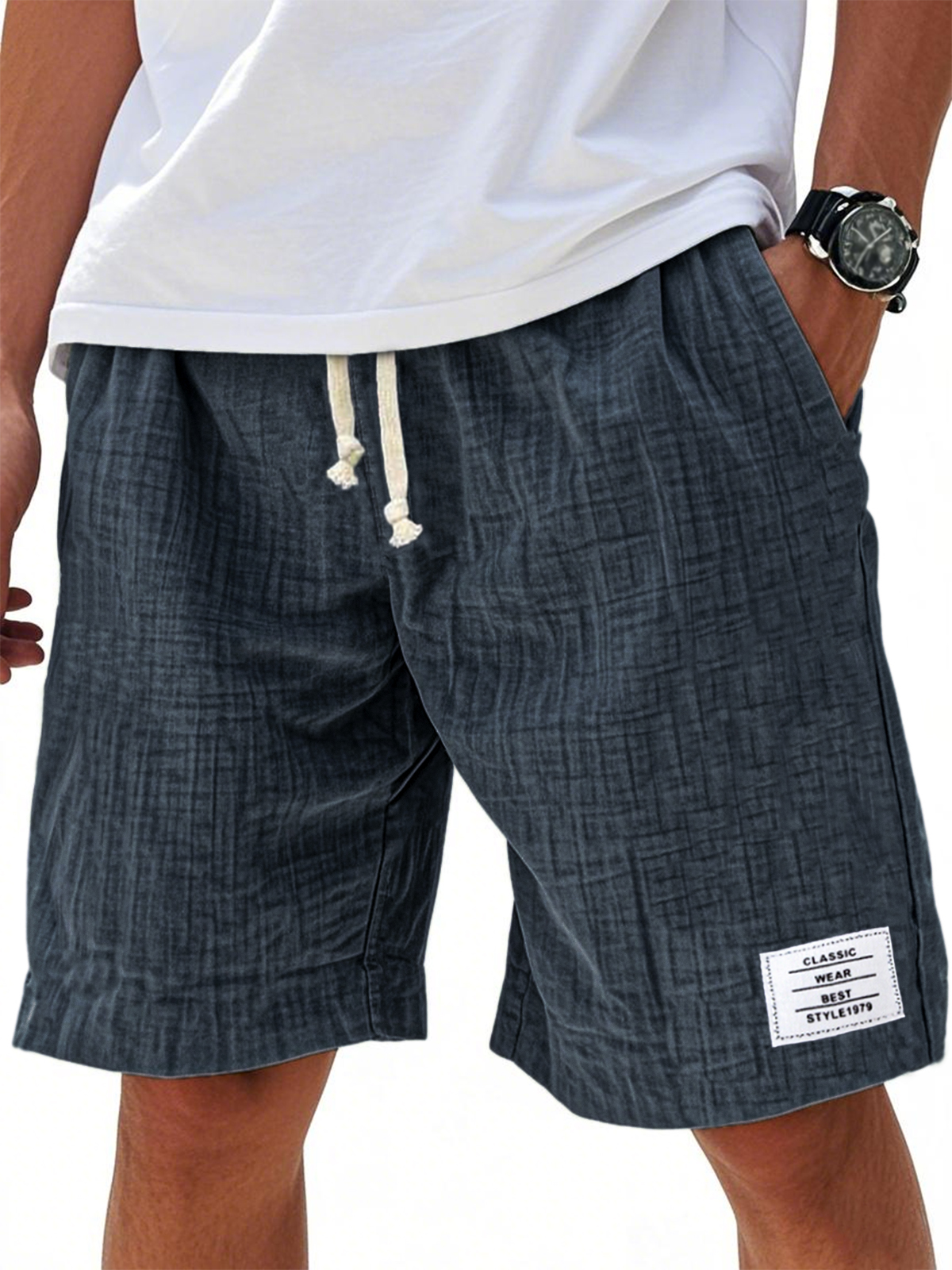 Men's Comfort Crepe Soft Simple Embroidered Label Casual Lace Up Everyday Shorts