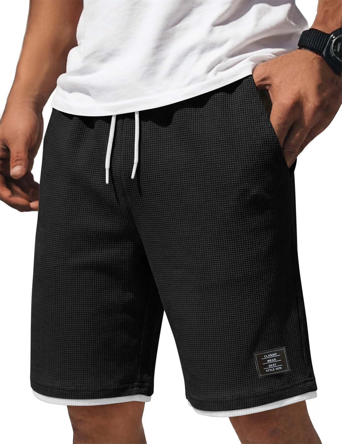 Men's Waffle-Knit Casual Shorts with Contrast Embroidery Logo
