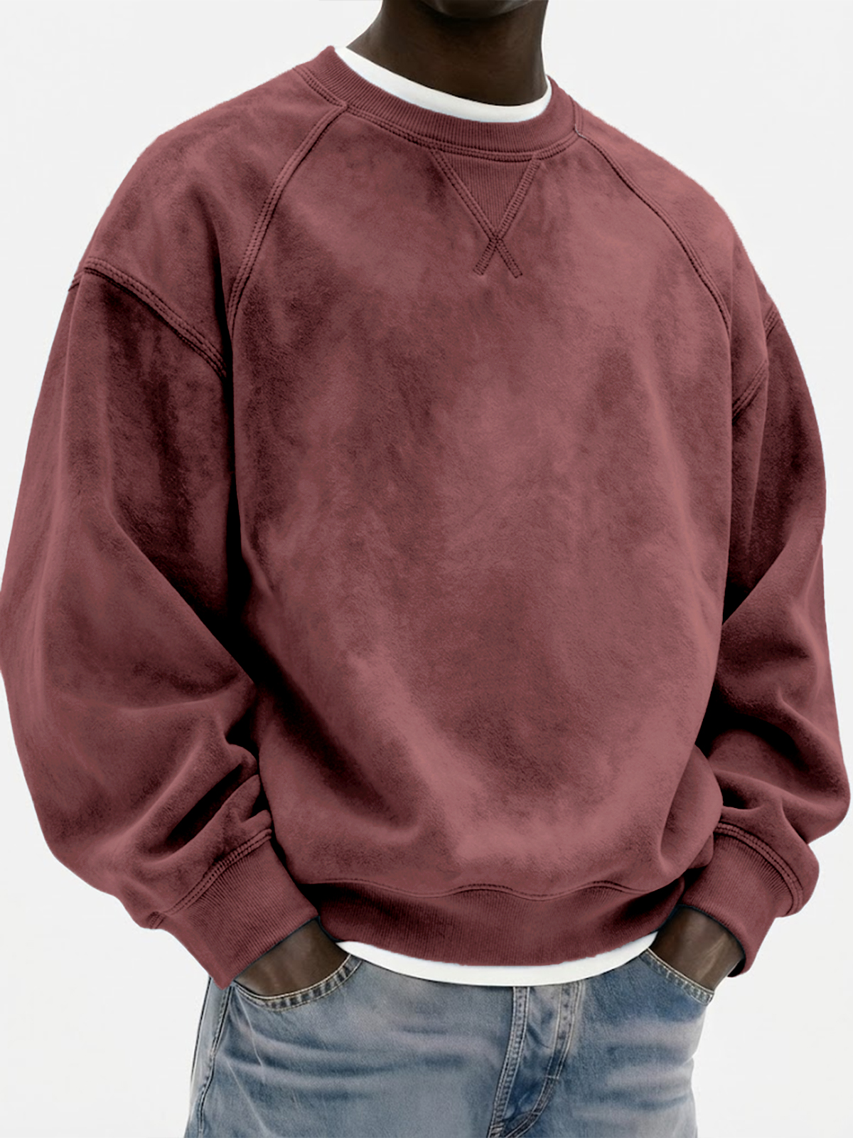 Men's Vintage Suede Heavyweight Raglan Patchwork Pullover Sweatshirt