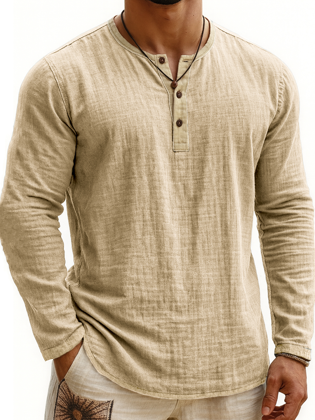 Men's Breathable Linen Vintage Contrast Casual Henley Shirt
