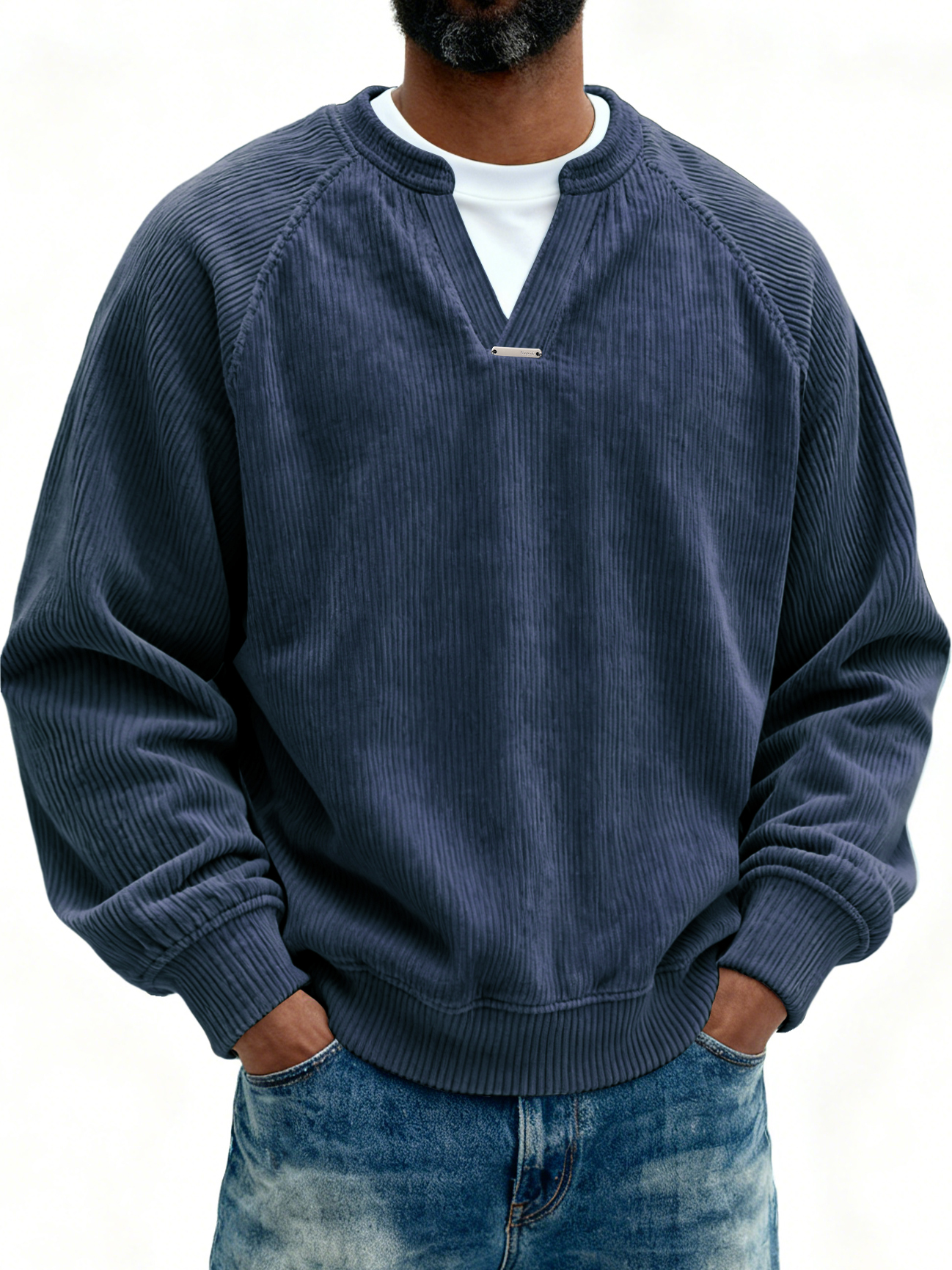 Men's Retro Casual Corduroy V-Neck Faux Two-Piece Long-Sleeve T-Shirt