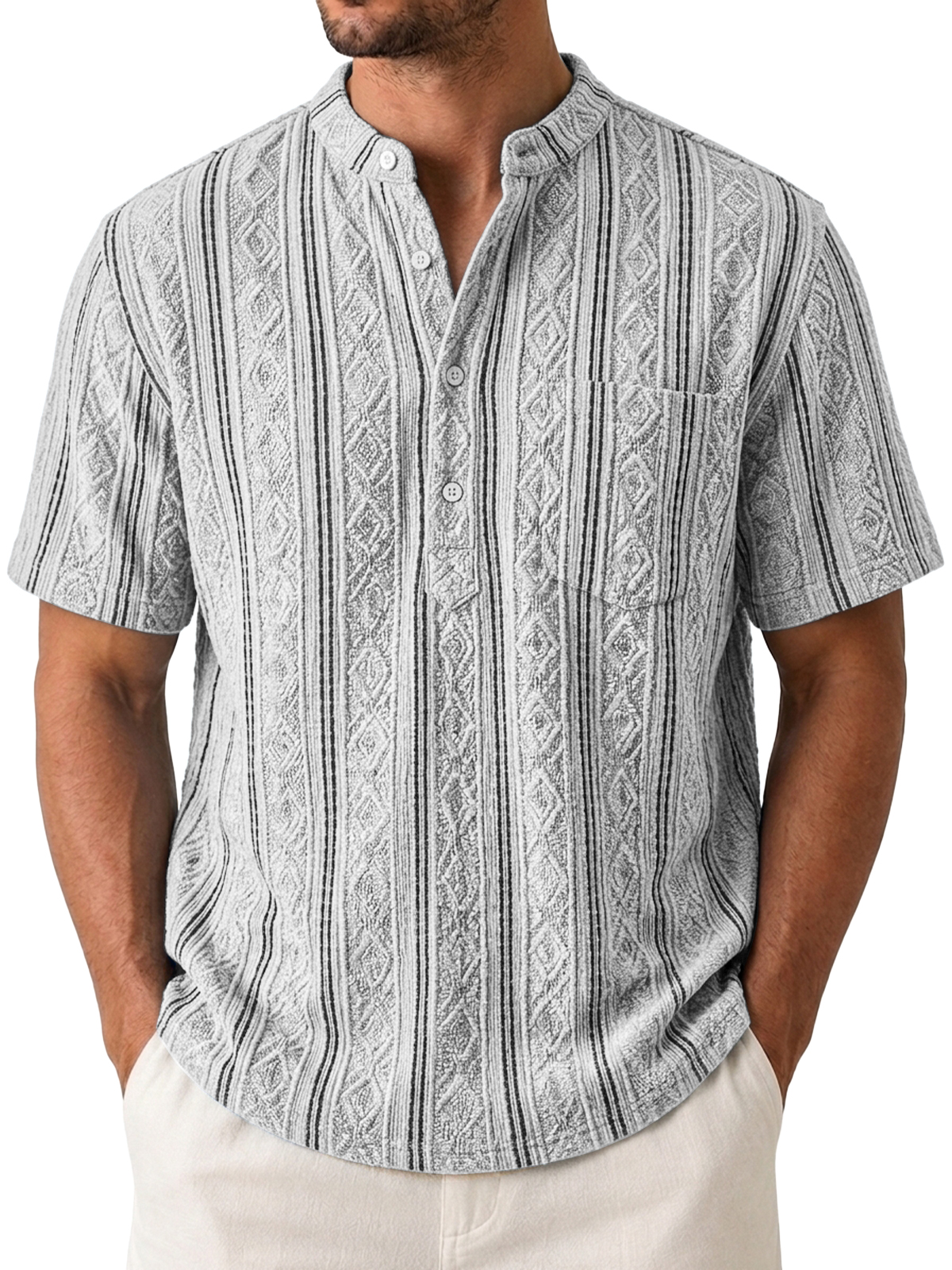 Men's Casual Jacquard Textured Breathable Short Sleeve Henley Shirt