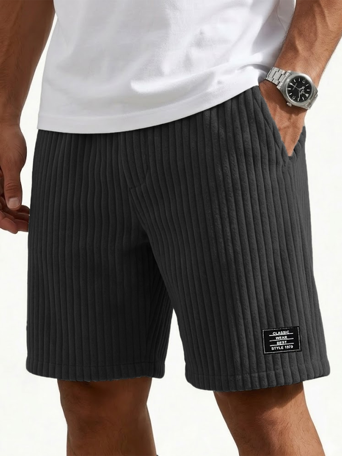 Men's Ribbed Fashion Shorts with Embroidered Design