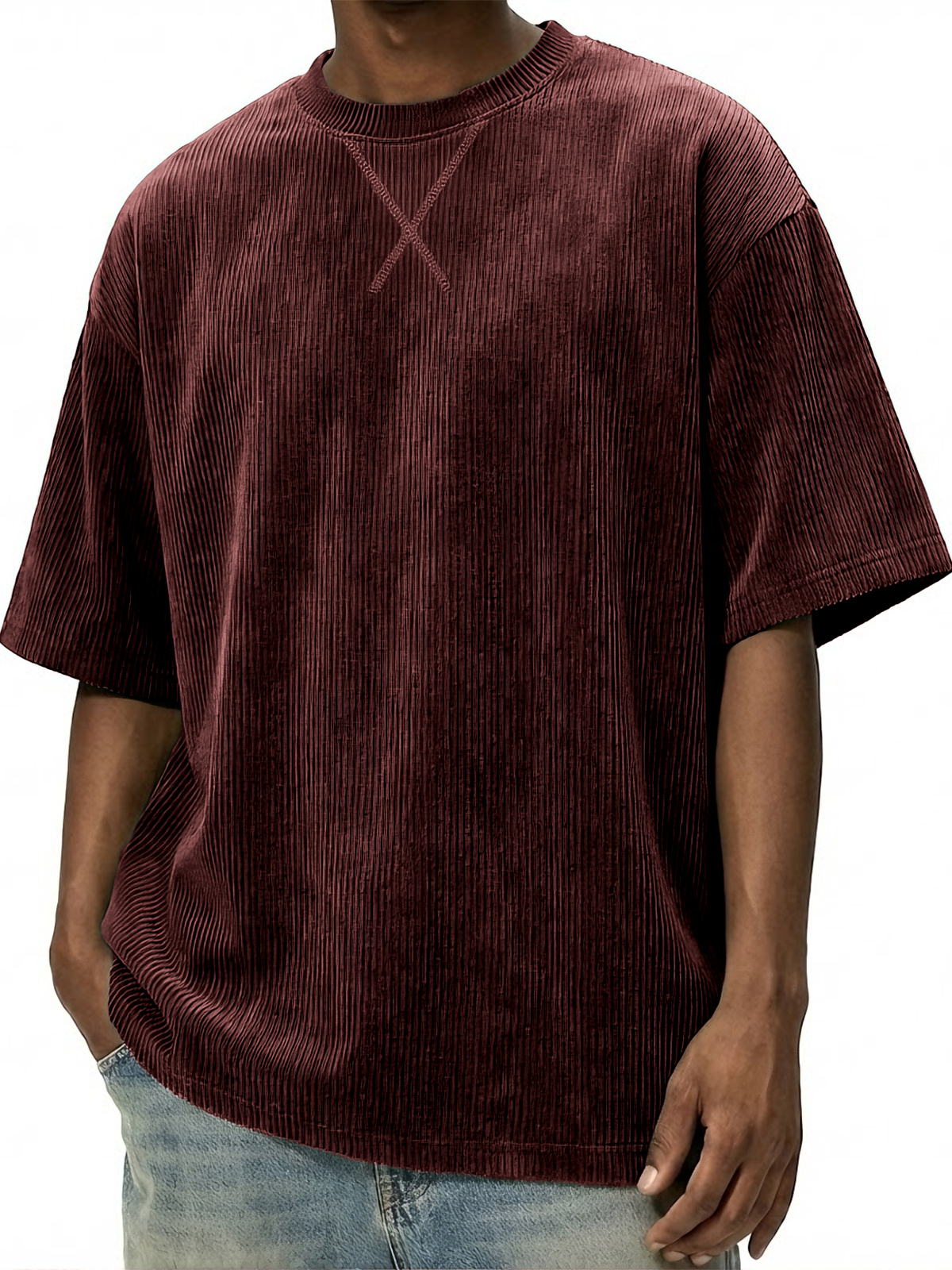 Men's Vintage Stylish Corduroy Patchwork Basic Pullover T-shirt