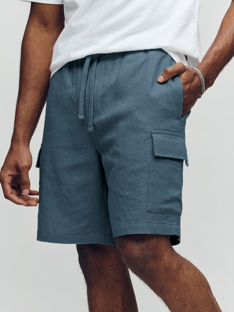 Men's Vacation Style Faux Linen Multi-pocket Drawstring Shorts