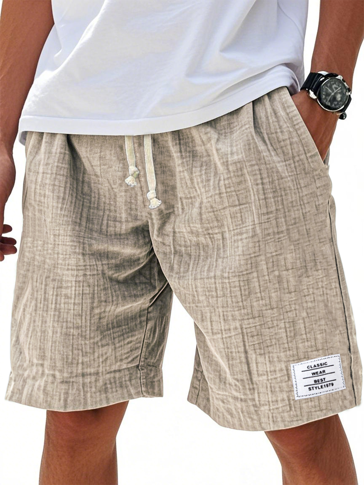 Men's Comfort Crepe Soft Simple Embroidered Label Casual Lace Up Everyday Shorts