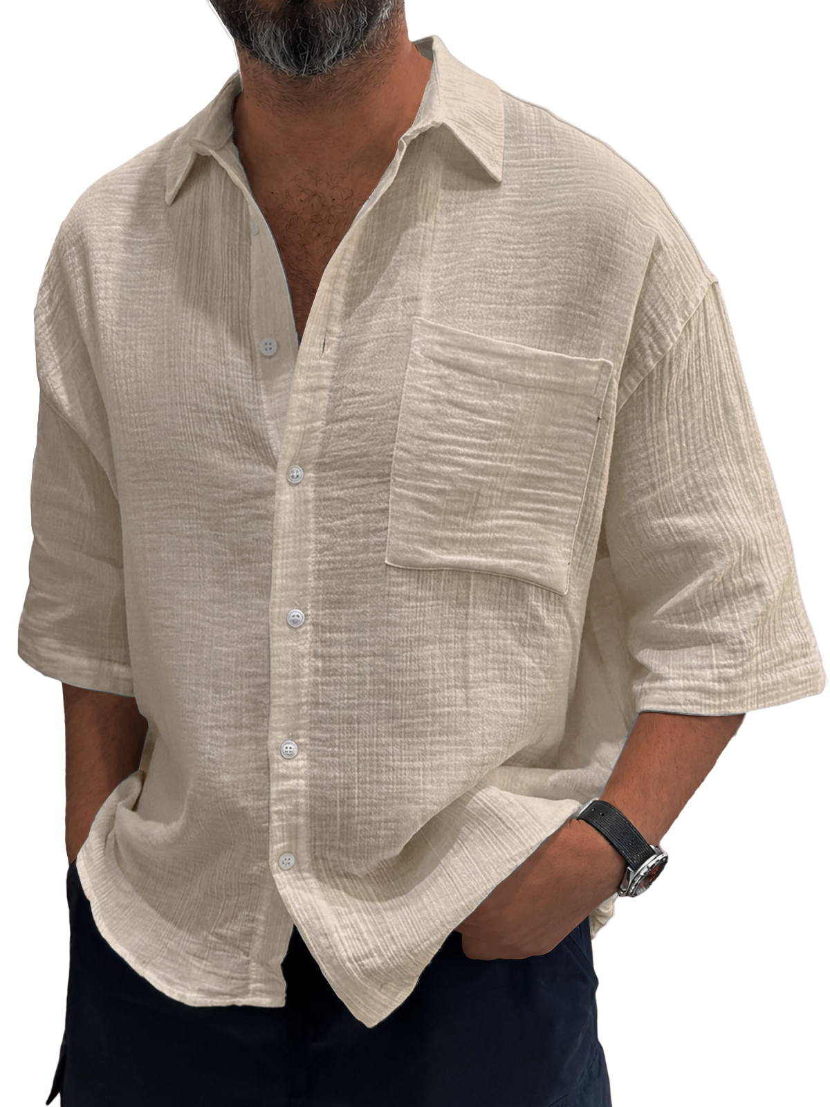 Men's Casual Loose Textured Striped Cool Short-Sleeve Shirt