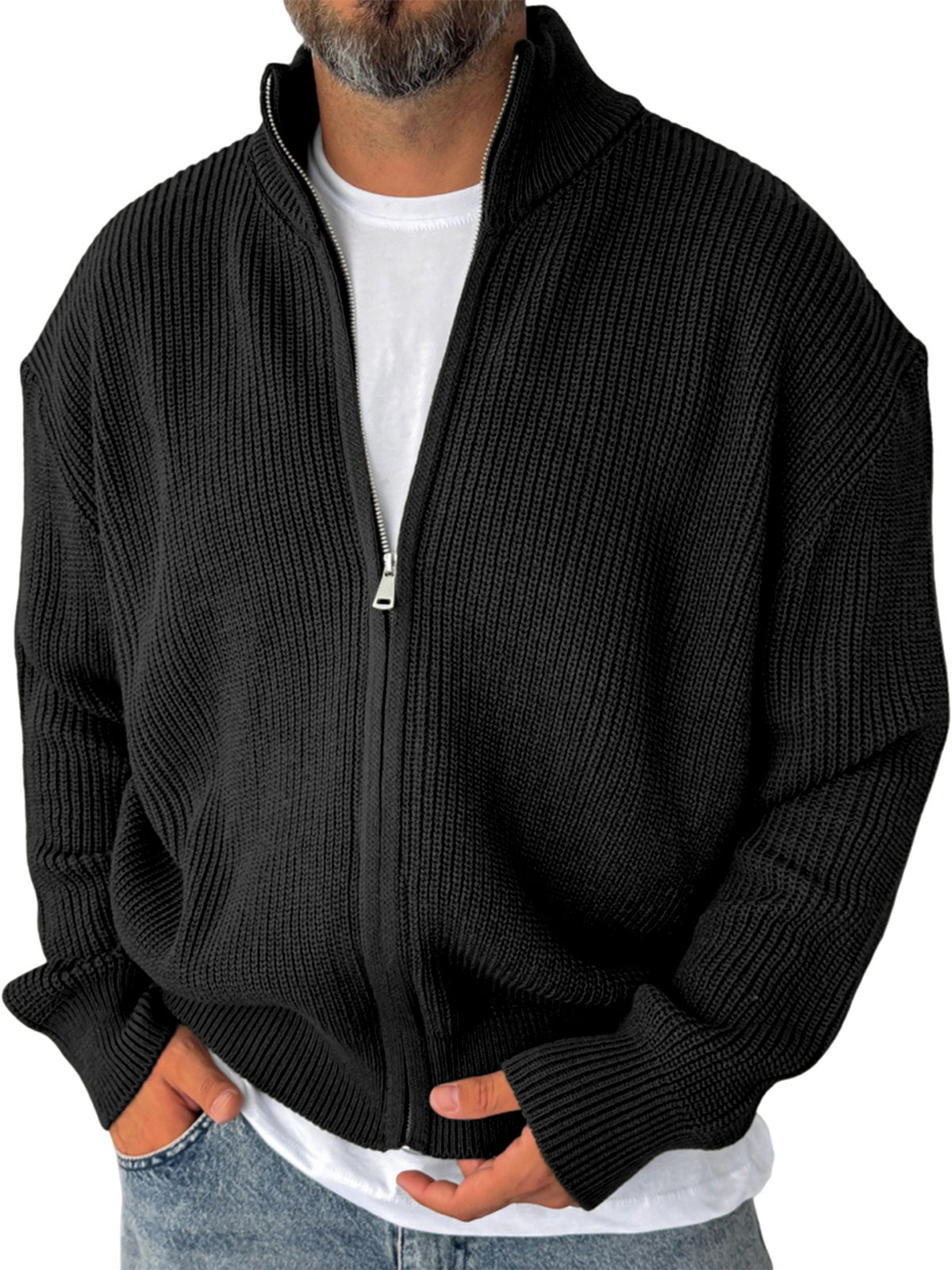 Men's Simple Zipper Warm Sweater Textured Cardigan Jacket