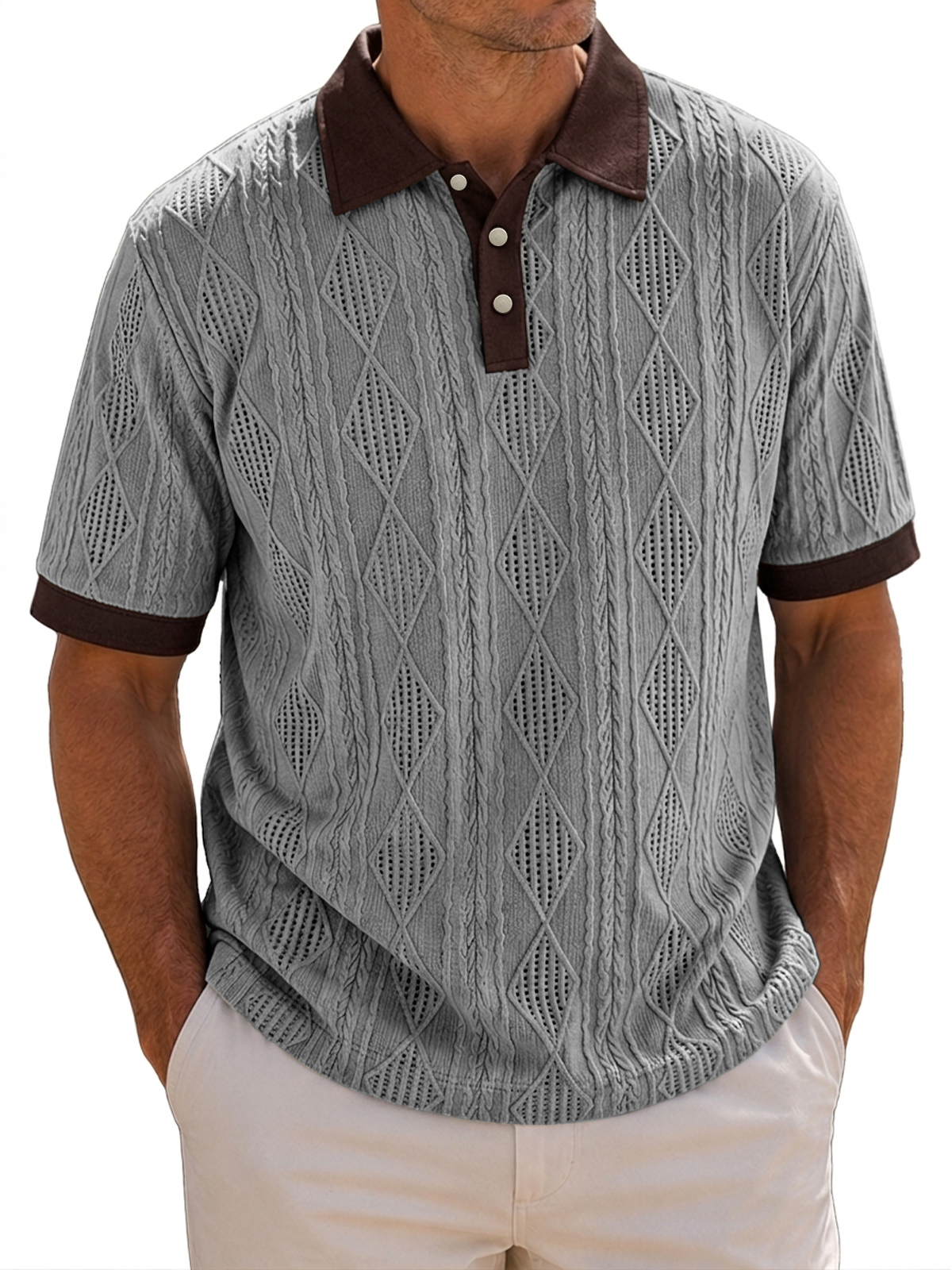 Men's Casual Jacquard Textured Breathable Collared Short Sleeve Polo Shirt