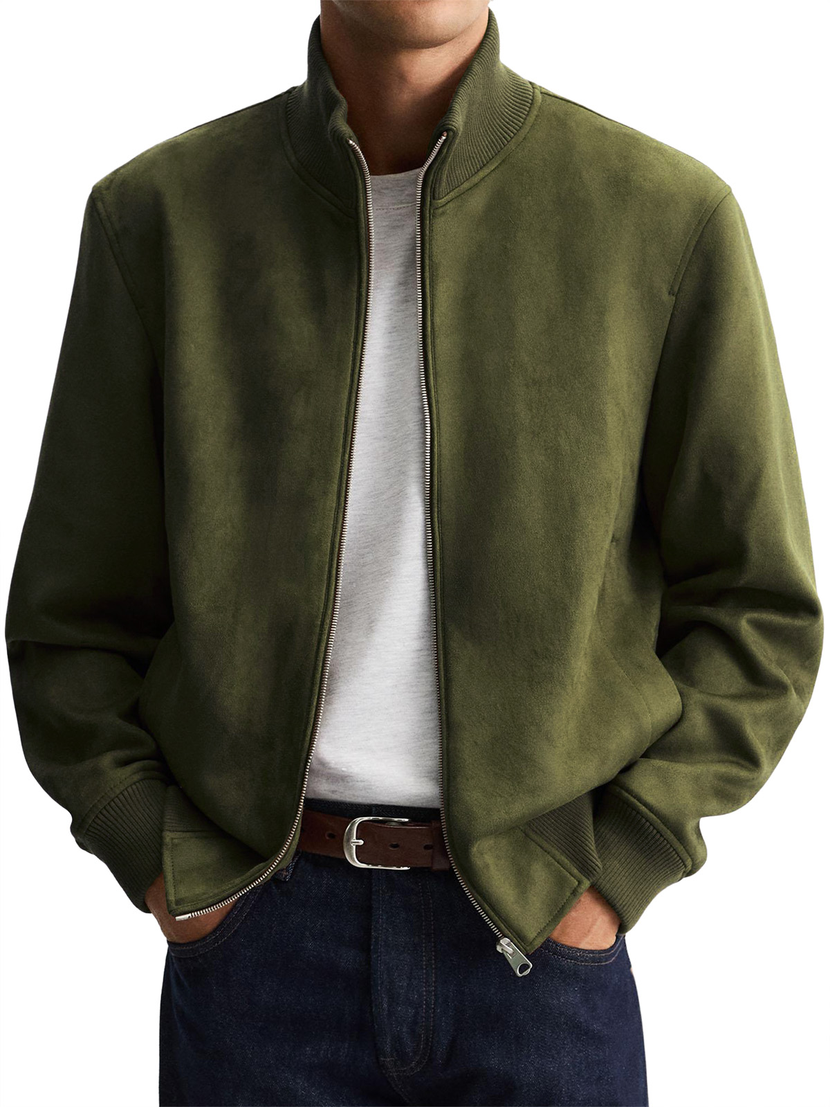 Men's Suede Stand Collar Zip-Up Jacket