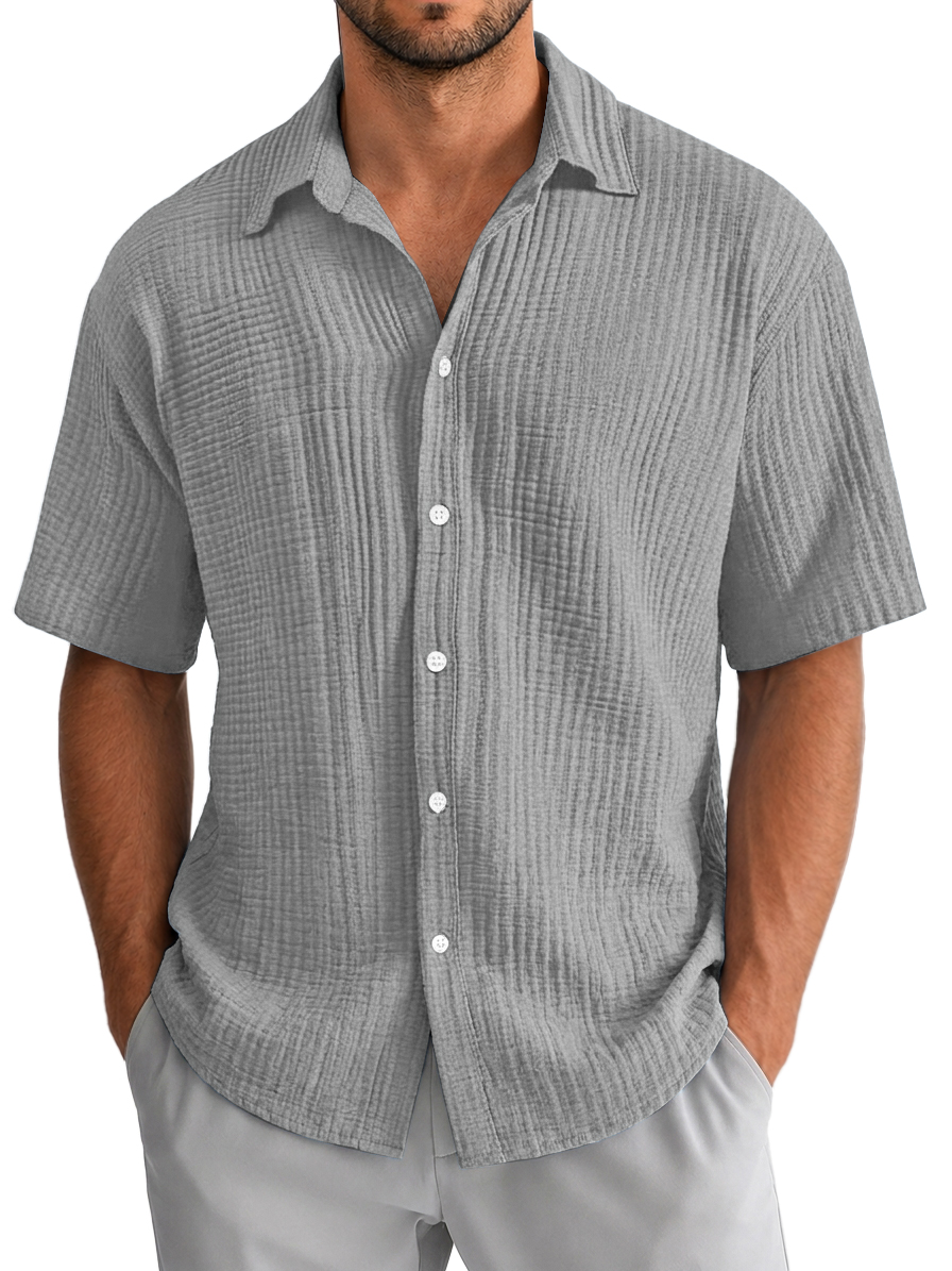 Men's Casual Loose Textured 100% Cotton Short Sleeve Shirt
