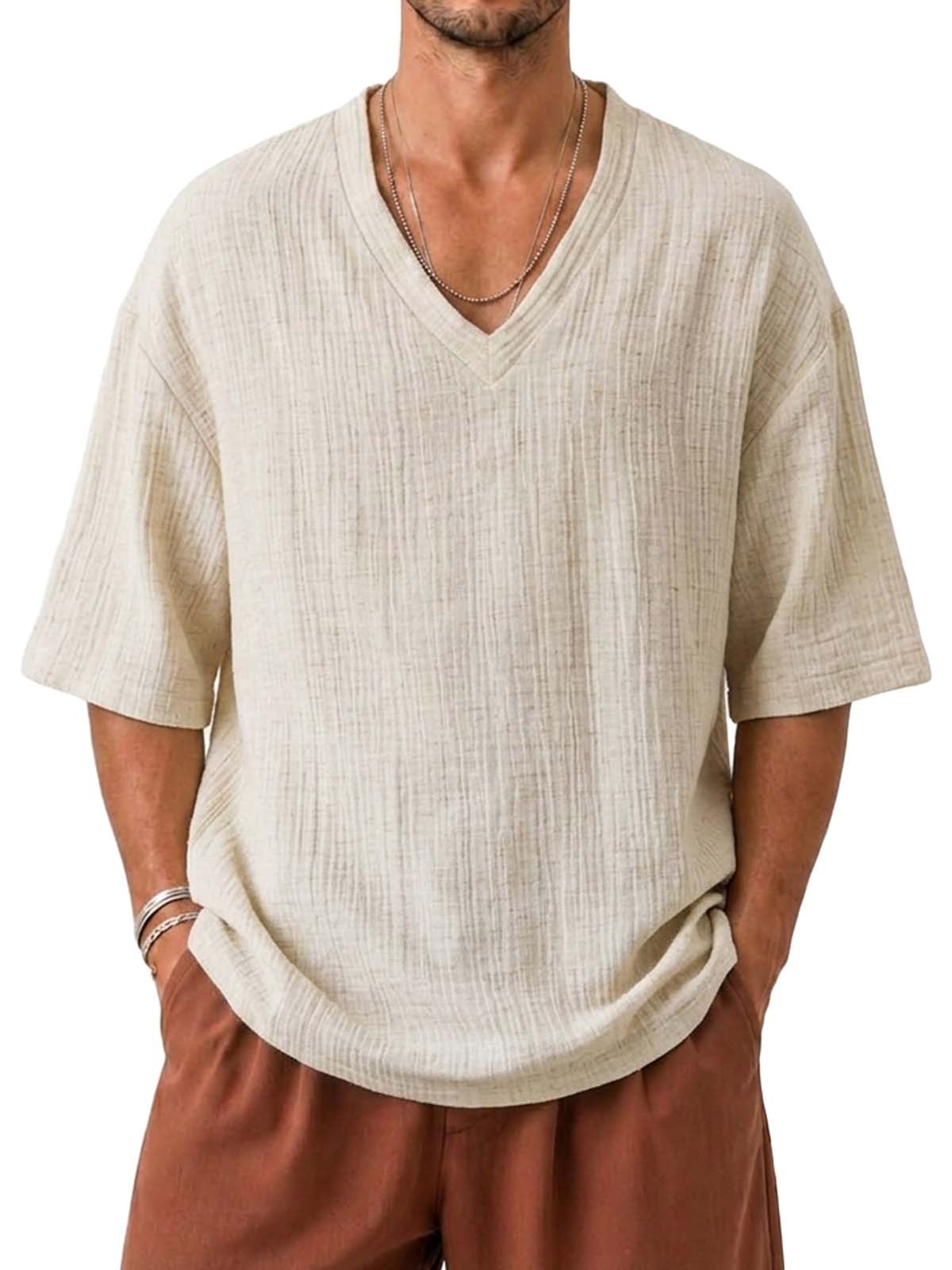 V-Neck Cotton Linen Textured Loose Fit Casual Short Sleeve Top