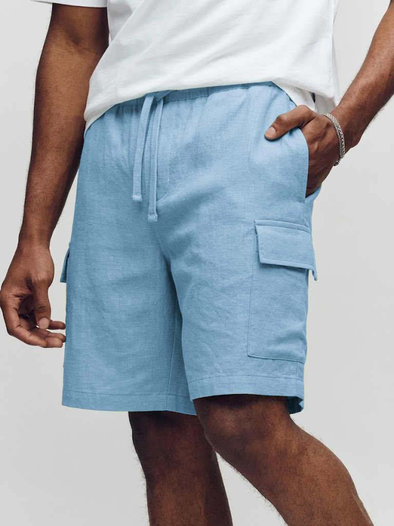 Men's Vacation Style Faux Linen Multi-pocket Drawstring Shorts