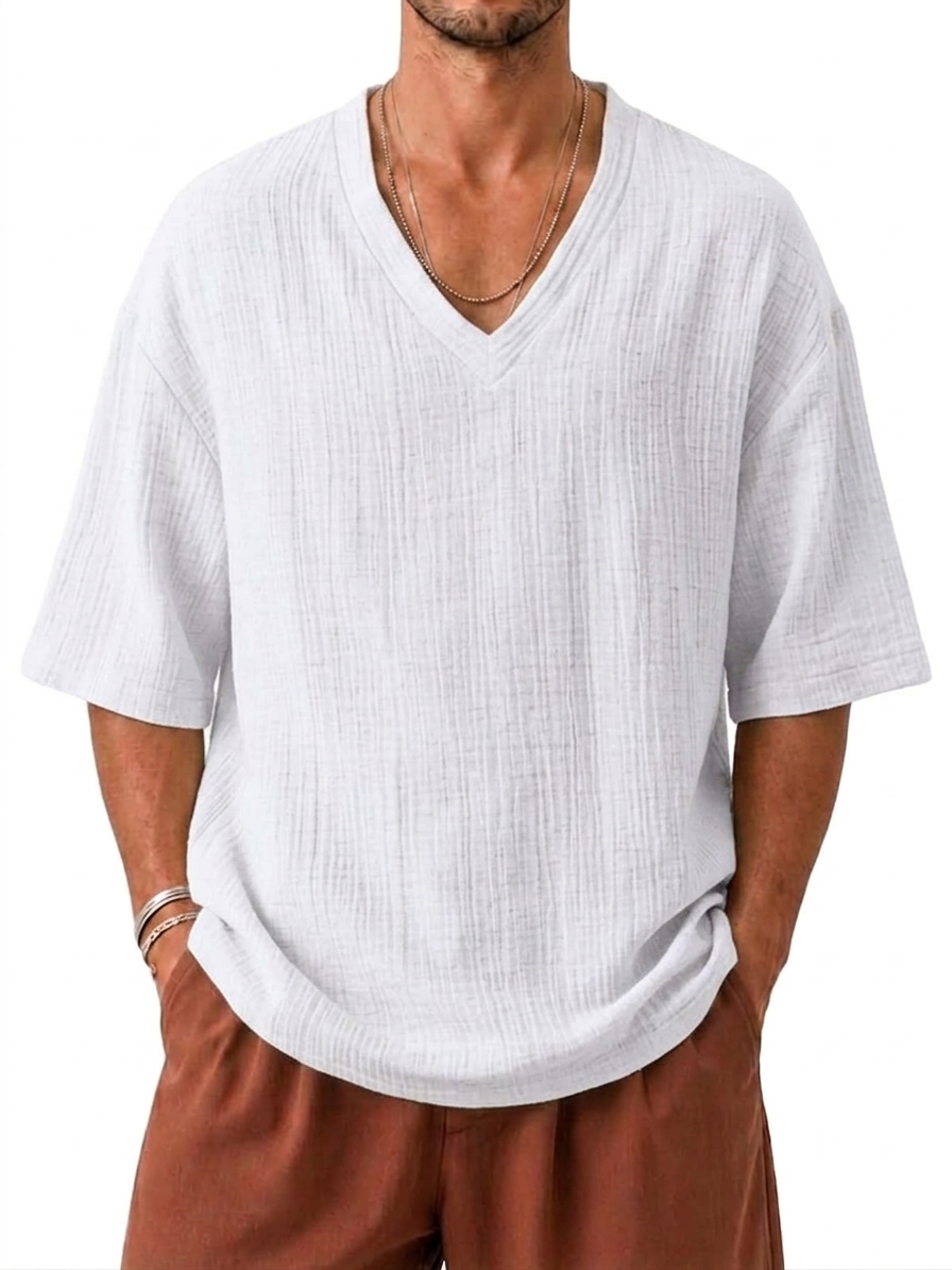 V-Neck Cotton Linen Textured Loose Fit Casual Short Sleeve Top