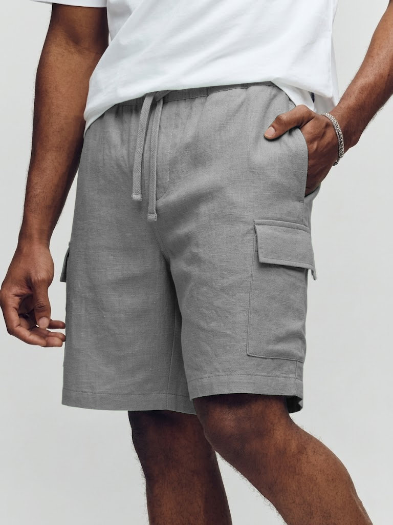 Men's Vacation Style Faux Linen Multi-pocket Drawstring Shorts