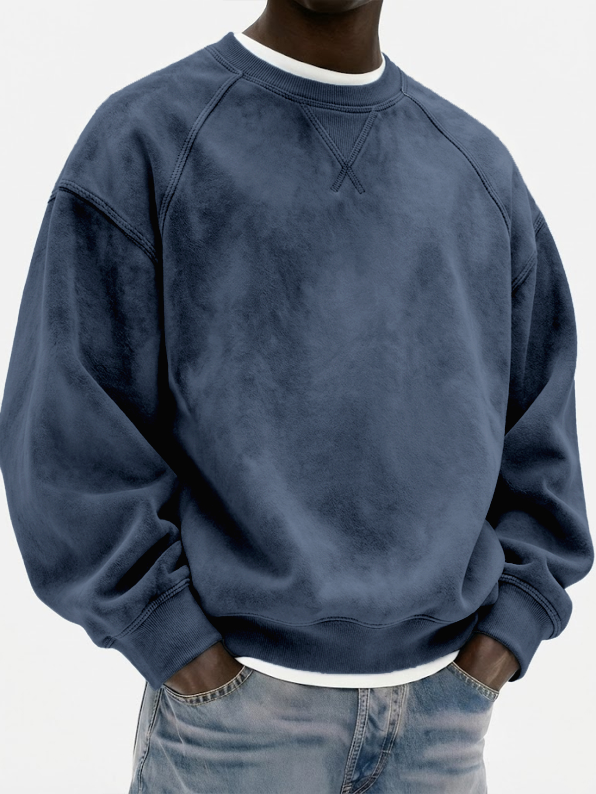 Men's Vintage Suede Heavyweight Raglan Patchwork Pullover Sweatshirt