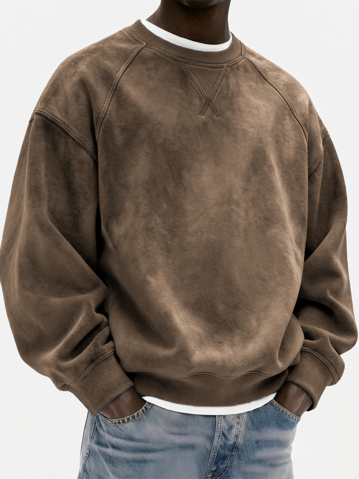 Men's Vintage Suede Heavyweight Raglan Patchwork Pullover Sweatshirt
