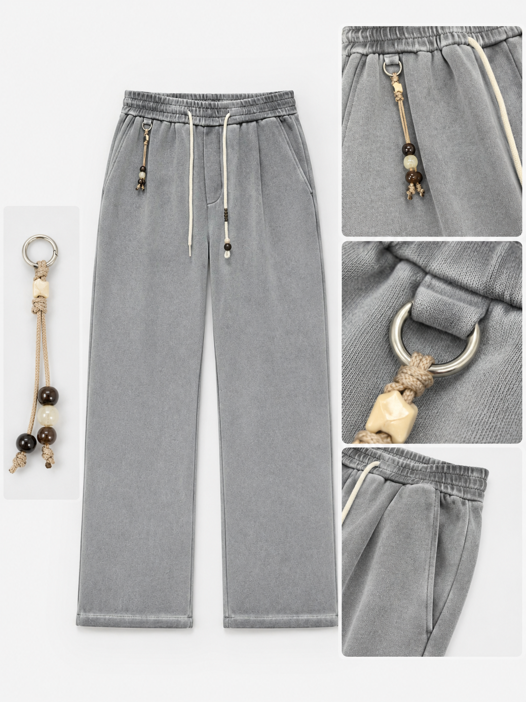Men's 100% Cotton Washed Distressed Trousers with Detachable Decoration