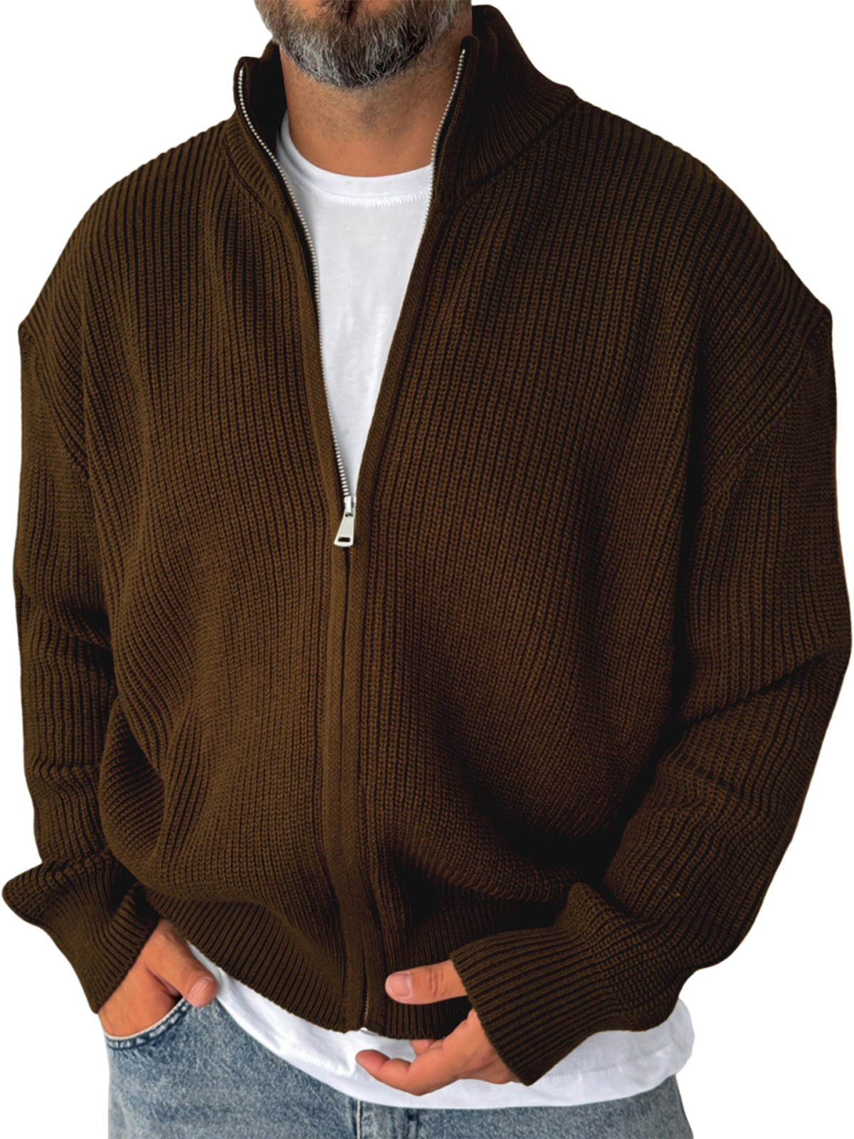 Men's Simple Zipper Warm Sweater Textured Cardigan Jacket
