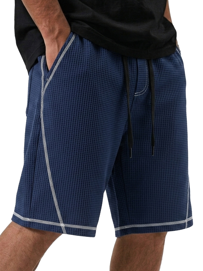 Men's Loose Casual Waffle Deconstructed Multi-Pocket Shorts with Contrast Stitching