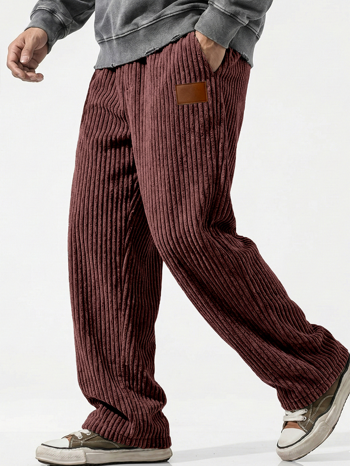 Vertical Striped Corduroy Pants with Embroidery