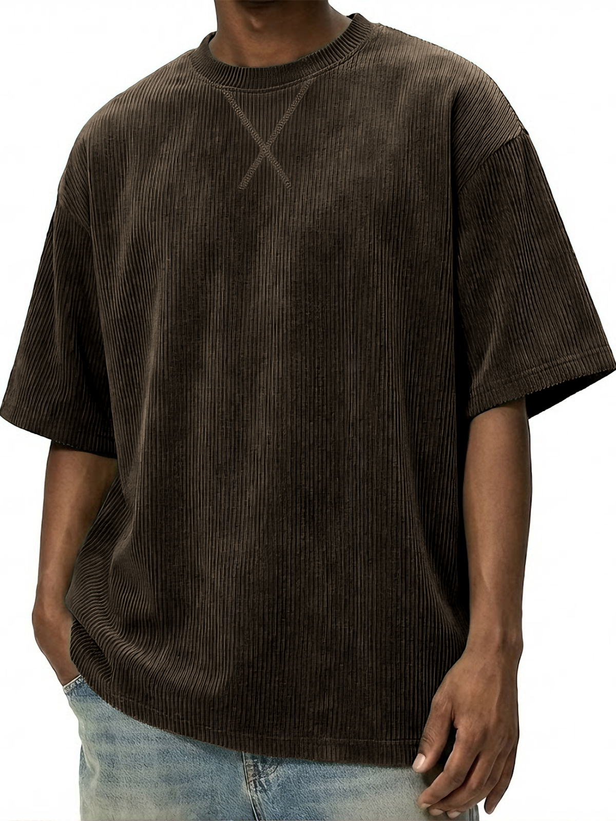 Men's Vintage Stylish Corduroy Patchwork Basic Pullover T-shirt